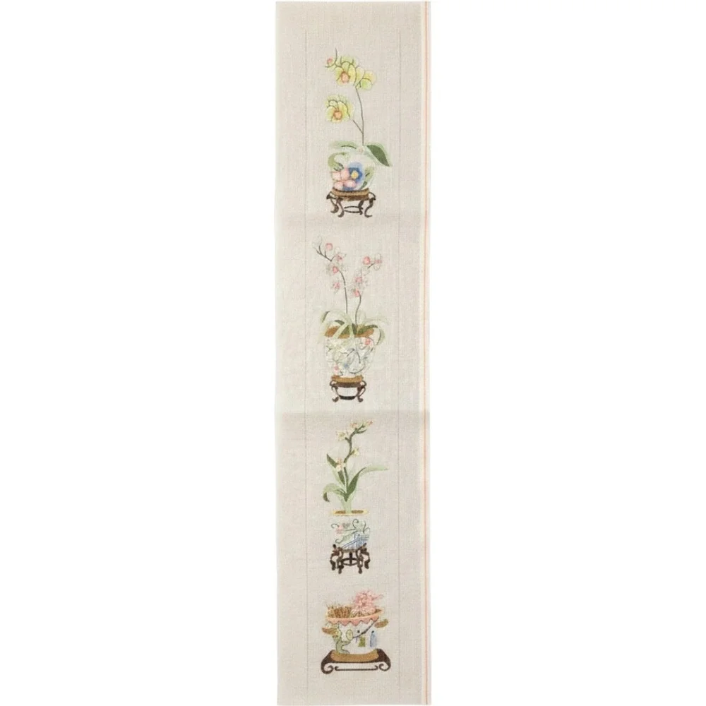 Asian Floral Bell Pull Hand Painted Needlepoint Canvas 54 Inch Vintage 1980s